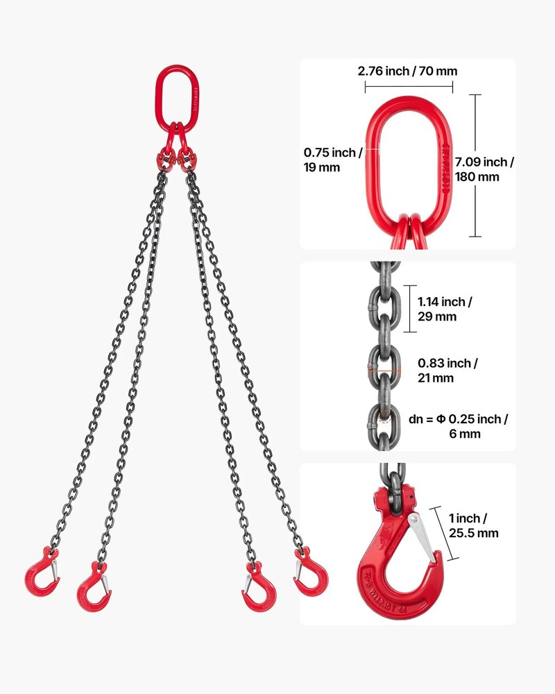 Chain Sling, 1/4 in x 5 ft Lifting Chains with 4 Leg Grab Hooks, Heavy Duty G80