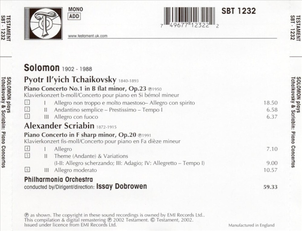 Solomon Cutner Con Pno 1 CD 2002 Classical Piano Album