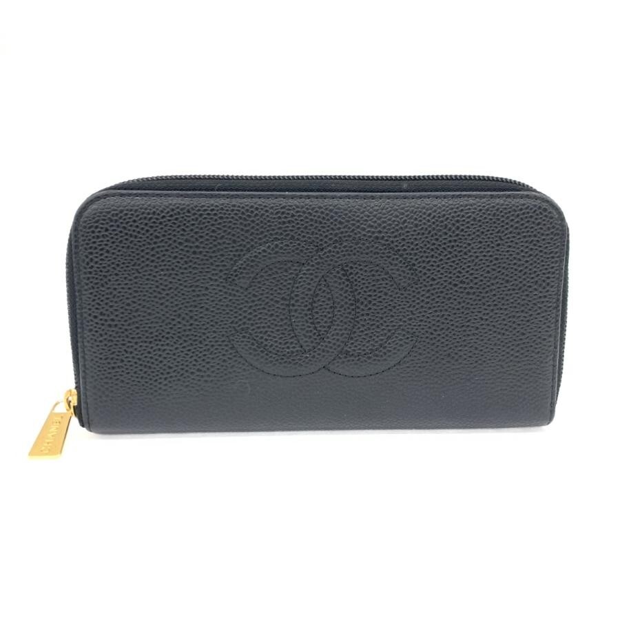 Chanel Caviar Leather Black Zip Around Long Wallet With Box Authentic 11441953