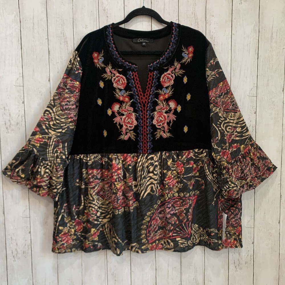 Calessa Velvet Embroidered Boho Tunic Blouse Womens Size 2X  Cotton Blend New