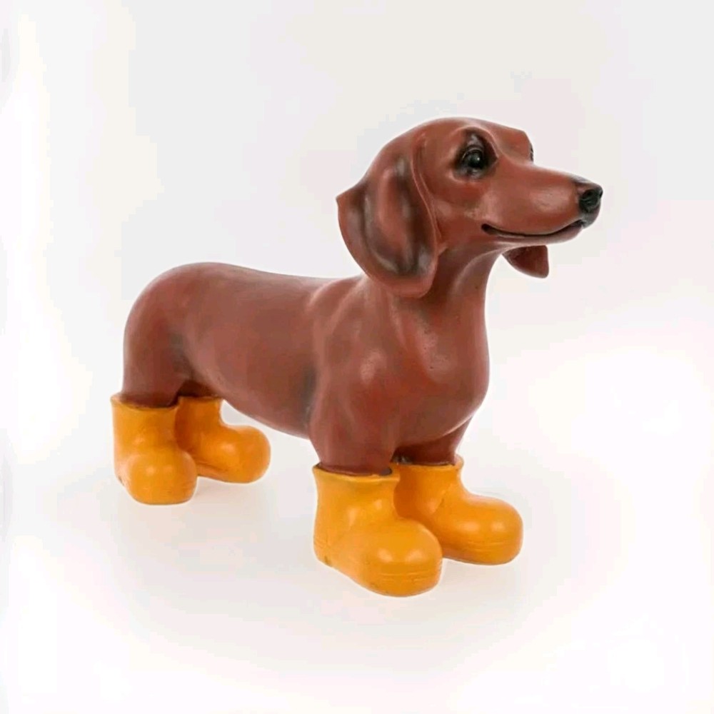 Daschund Weiner Doxie Dog Figurine Resin Wearing Yellow Rain Boots 11” Long