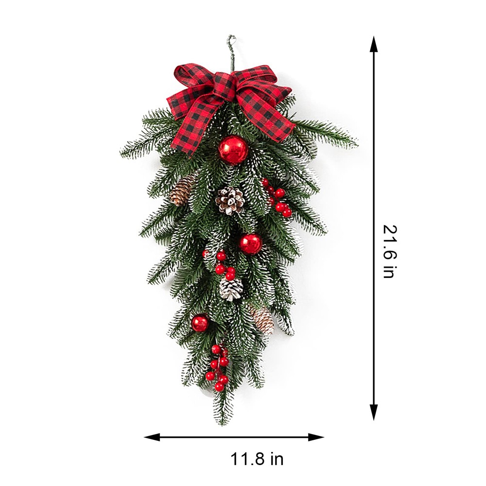 Christmas Teardrop Garland with Pine Needles and Plaid Bow