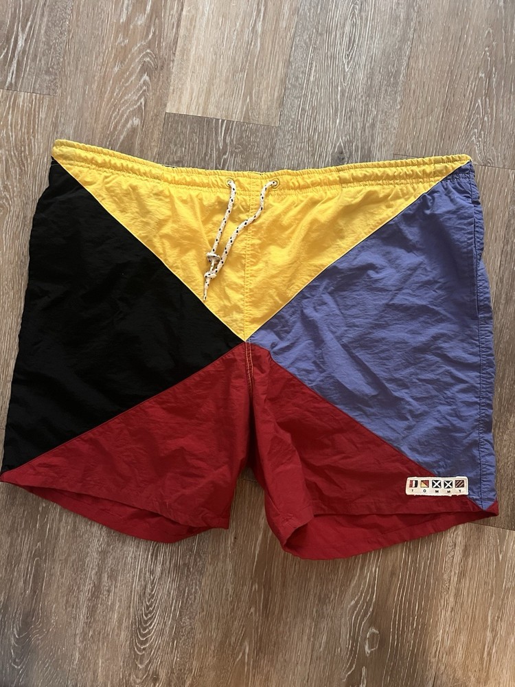 Vintage 90s Tommy Hilfiger Swim Trunks — Colorblock Boat Flag Logo — Size L