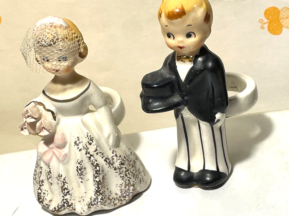 Vtg 1950's Lefton Porcelain Bride & Groom Napkin Rings Net Veil Japan Gold Trim