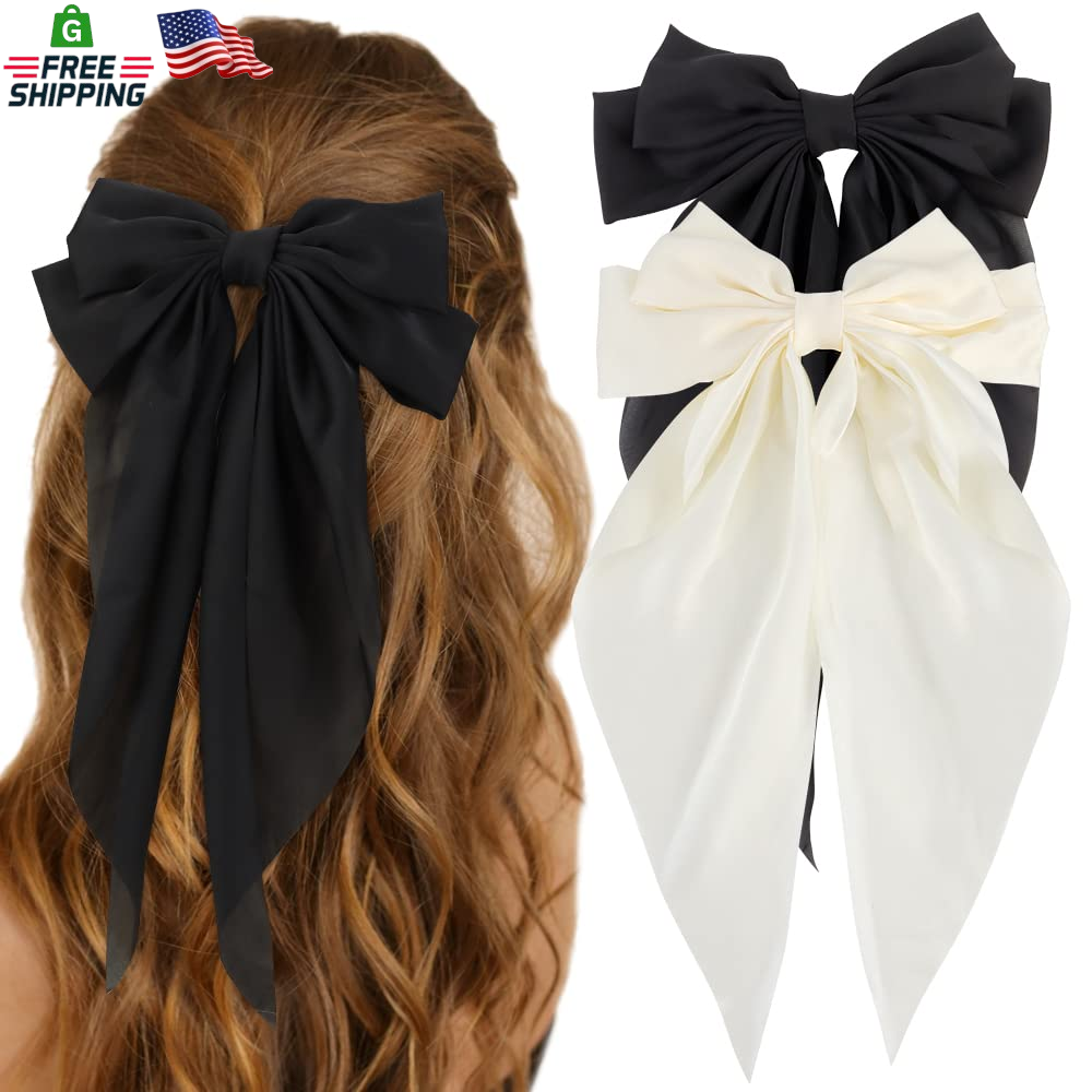 Silky Satin Hair Bows 2Pcs Big Hair Bows for Women Hair Ribbons Oversized Long T