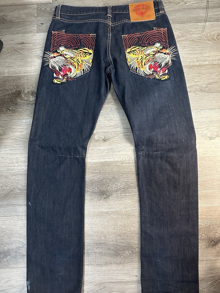 Christian AUDIGIER Ed Hardy Men’s Baggy Blue Jeans Embellished Tiger Denim 30x32