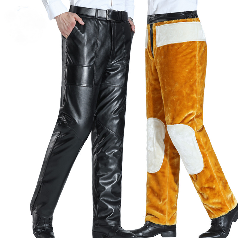 Knee/Waist Double Thick Leather Pants Men's Pu Motor Pants Fleeced Thermal Pants