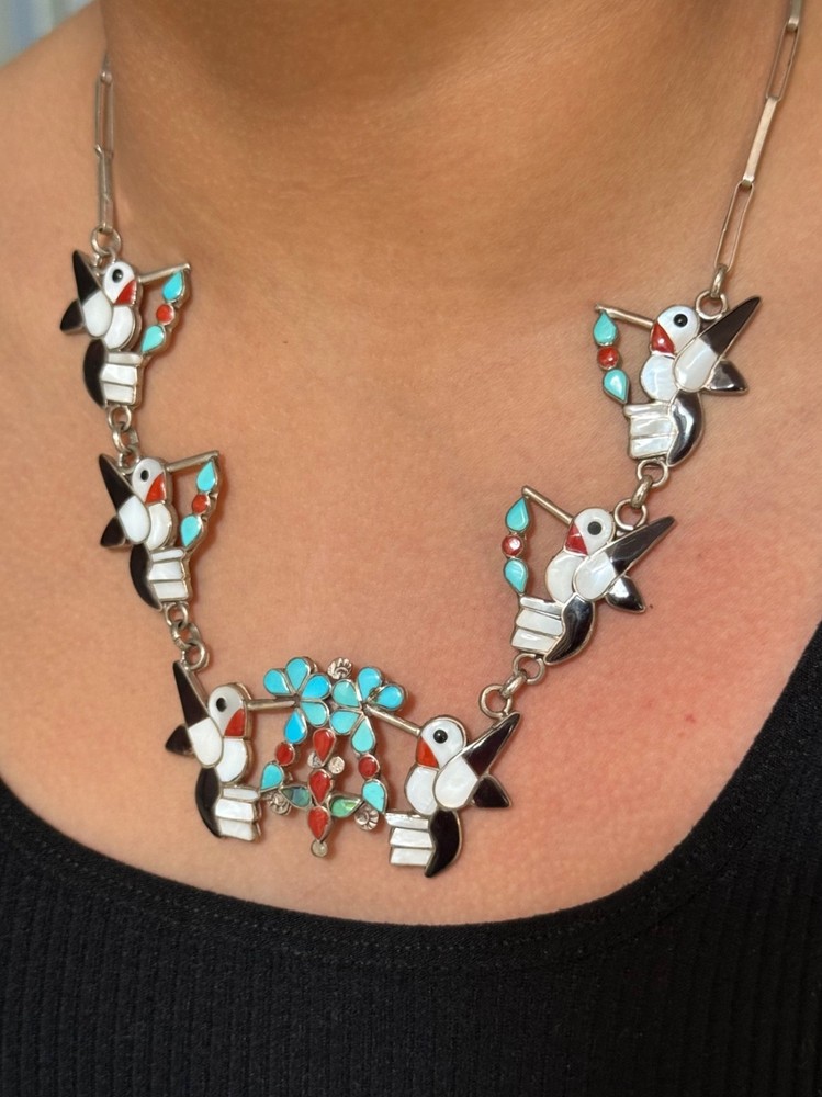 Vintage ZUNI Hummingbird Turquoise Coral MOP Onyx Inlay Sterling necklace 20 in