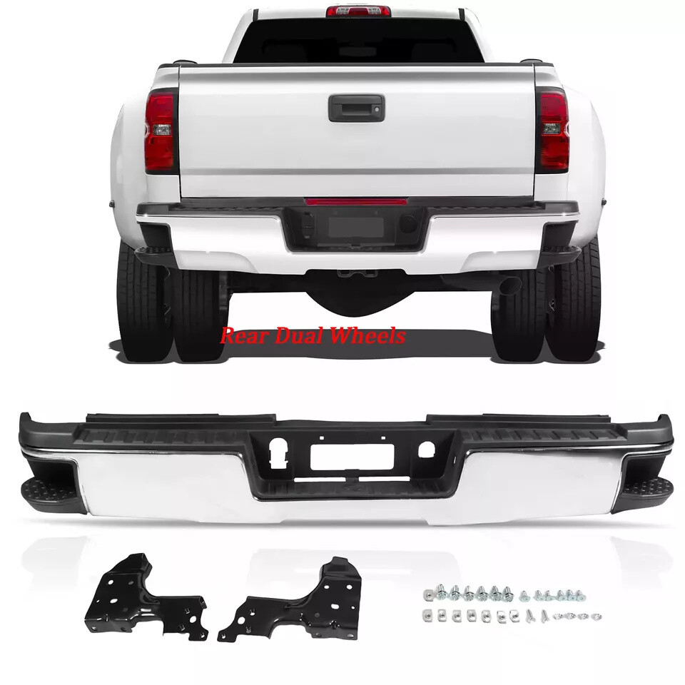 Chrome Steel Rear Bumper for 15-19 Silverado Sierra 2500/3500 w/Dual Rear Wheels