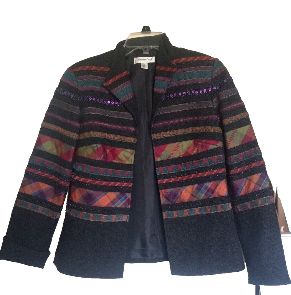 Coldwater Creek Denim Jacket Women's 4 Embroidered Beaded Open