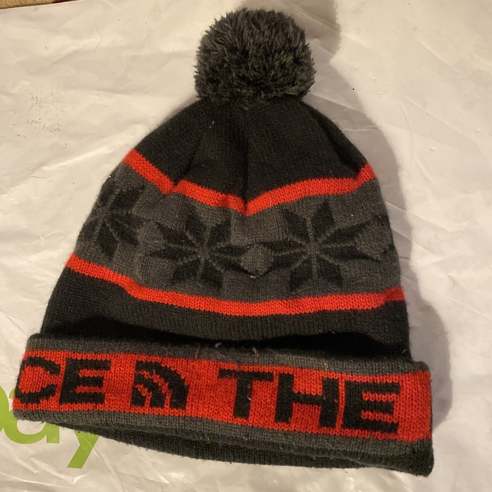 The North Face Unisex Gray & Red Pom Winter Beanie for Ski & Snow