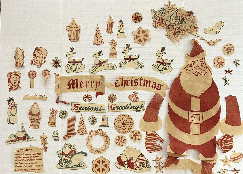 HTF Vintage 1950s Christmas FELT? Window Clings SANTA Reindeer SNOWFLAKES 95 Pc