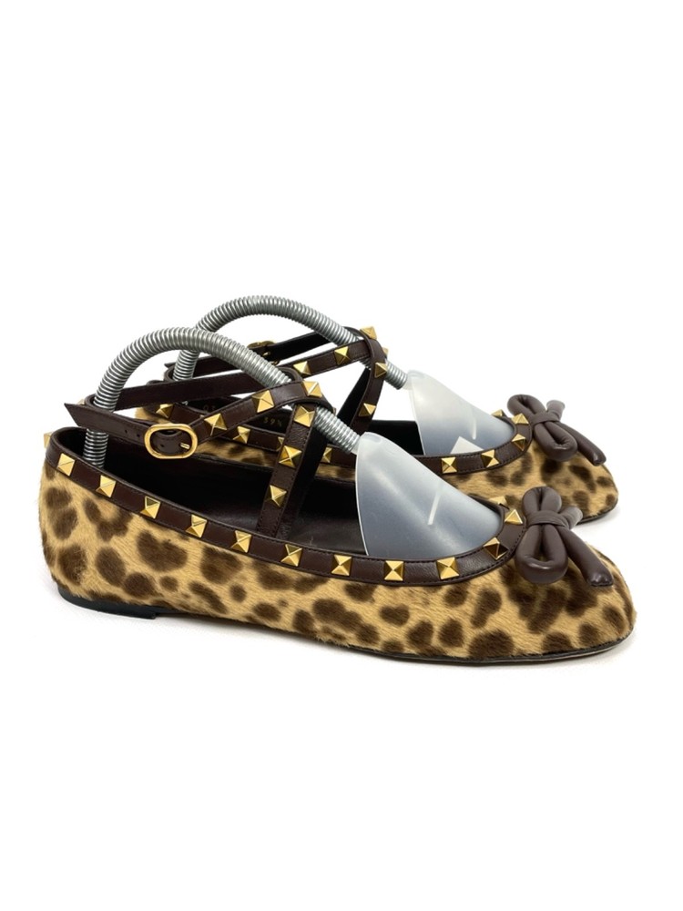 Valentino Garavani Rockstud Leopard Pony Hair Ankle Strap Flats, Size 39.5