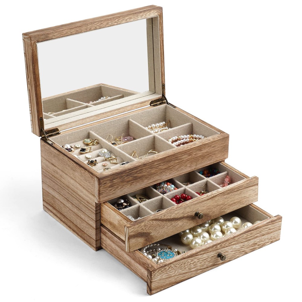 3-Layer Rustic Wood Jewelry Box Organizer for Women with Large Storage Compartments