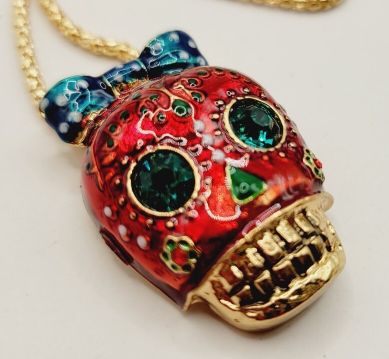 Skull CANDY Pendant Necklace Enamel Polka Dot Bow Gold Tone Halloween Jewelry