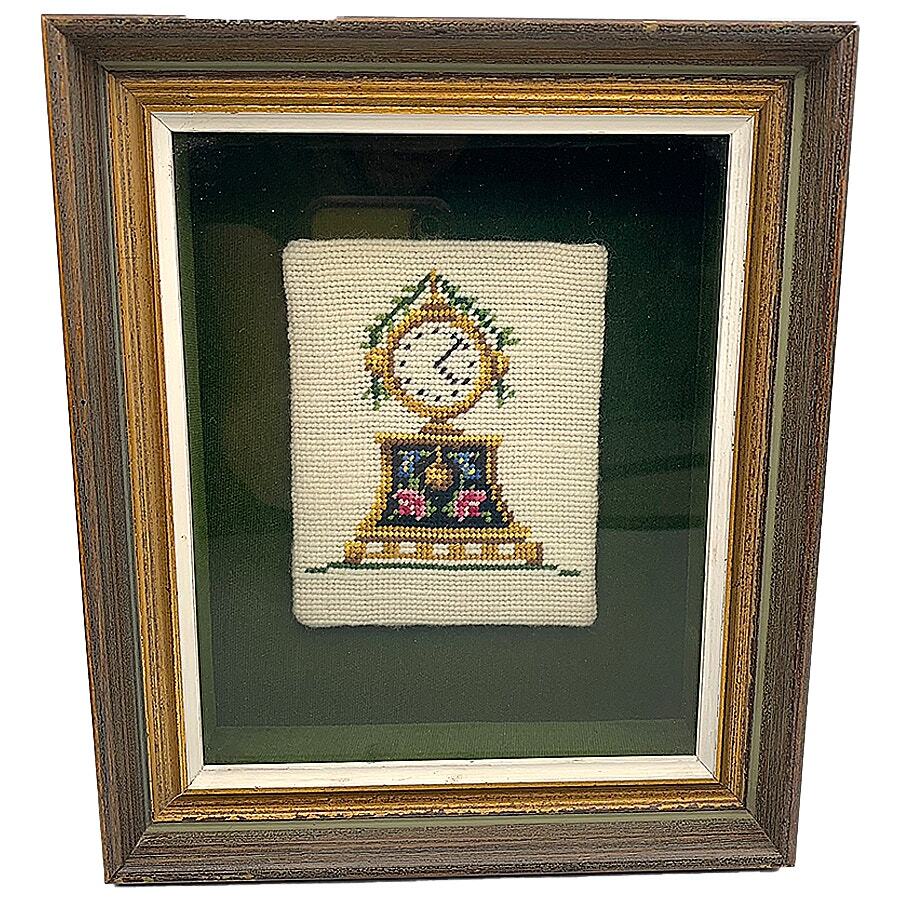 Vintage Mantel Clock Matted/Framed Needlepoint Artwork