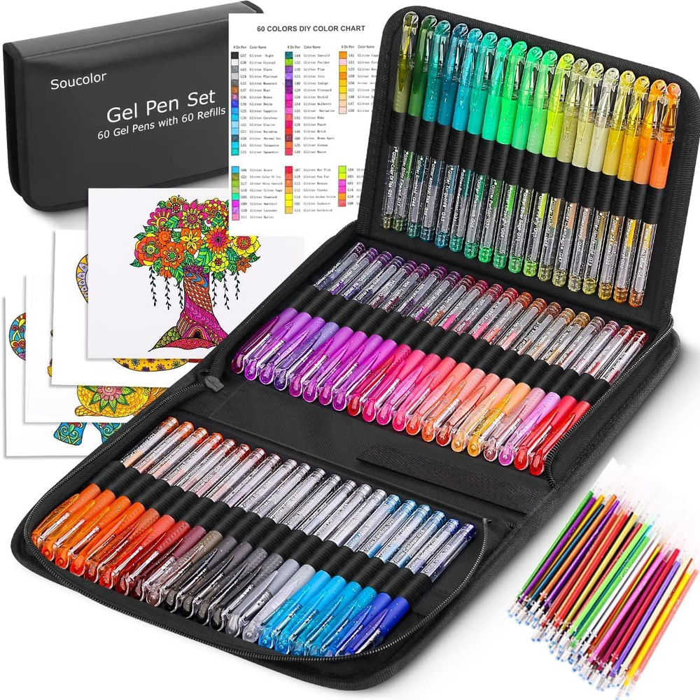 Glitter Gel Pens for Adult Coloring Books, 120 Pack-60 Glitter Pens, 60 Refills