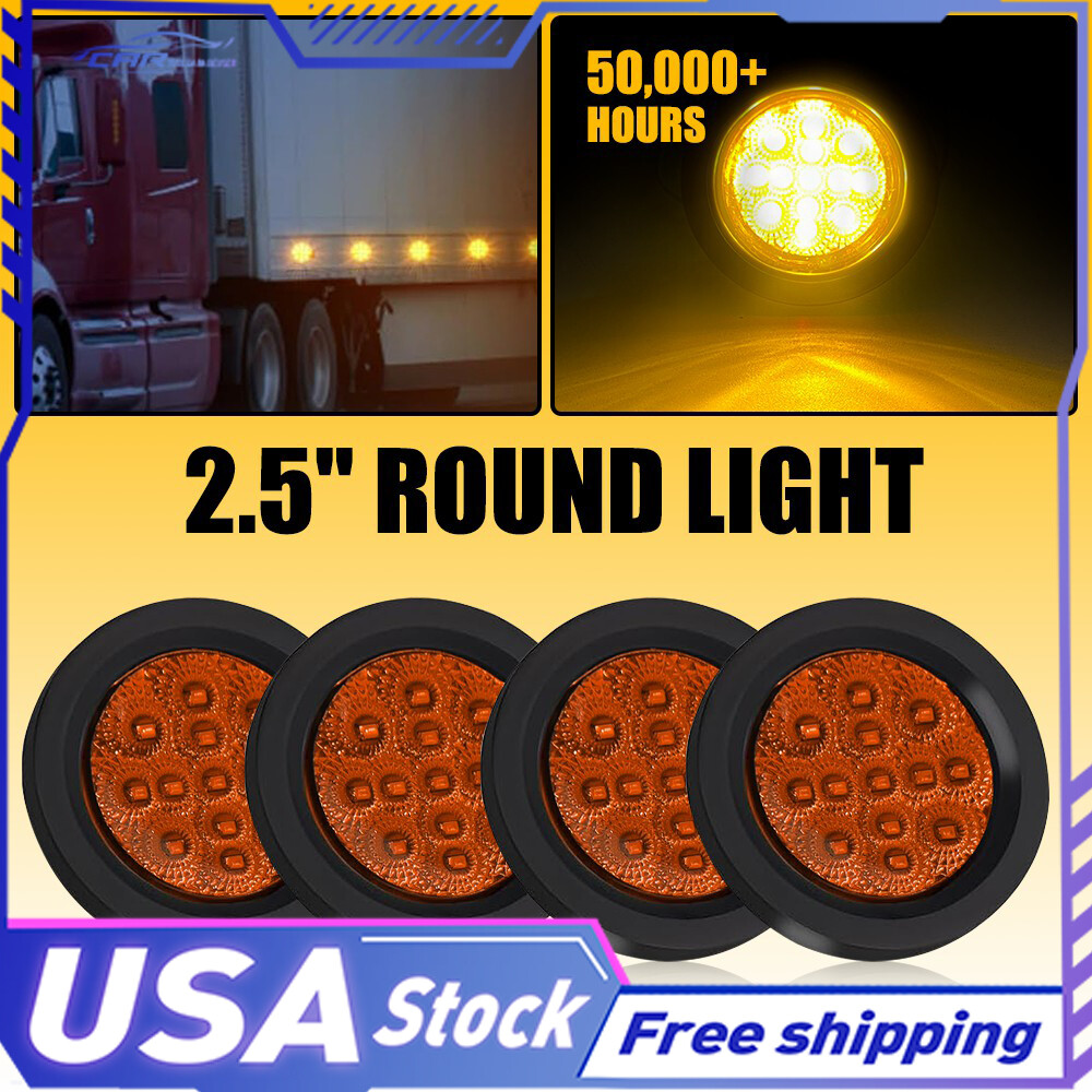 2.5 Inch 4pcs Round LED Amber Trailer Side Marker Lights with Grommet Universal