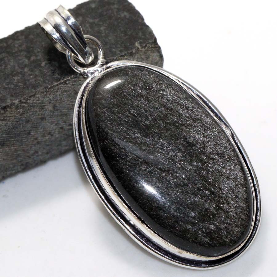 Silver Obsidian 925 Silver Plated Pendant Necklace 2.1 Inch Elegant Jewelry Gift
