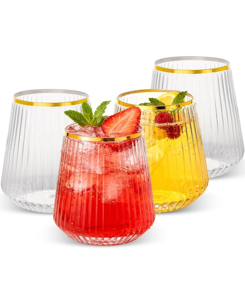 Goodluck 36 Pack 12oz Stemless Plastic Wine Glasses Clear Ribbed Cups with Gold