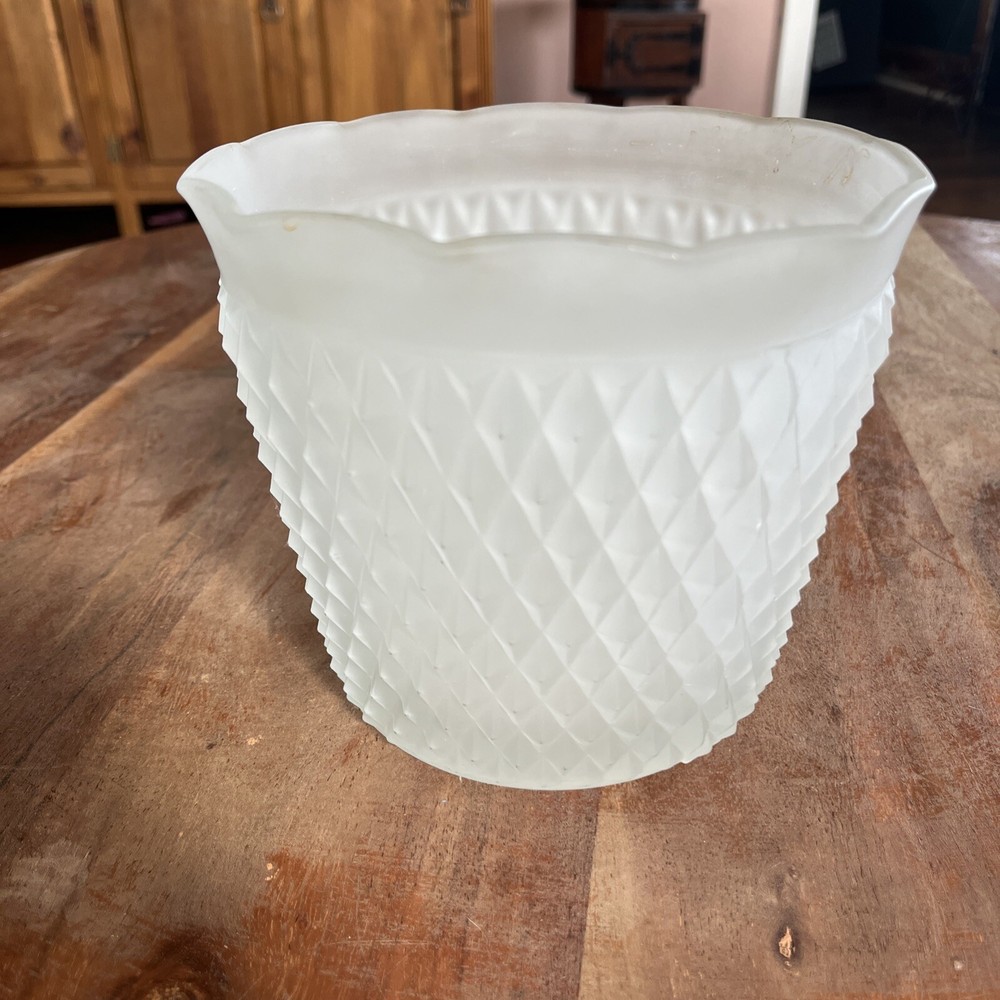 Vintage Indiana Glass Diamond Point Ice Bucket or Flower Pot Vase Frosted & Crimped  