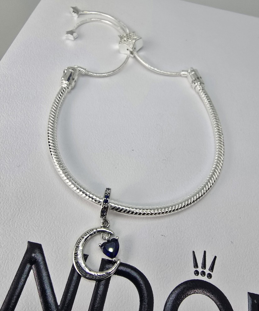 Authentic Pandora Bracelet with Moon Charm 7-9 Inches 925 Sterling Silver