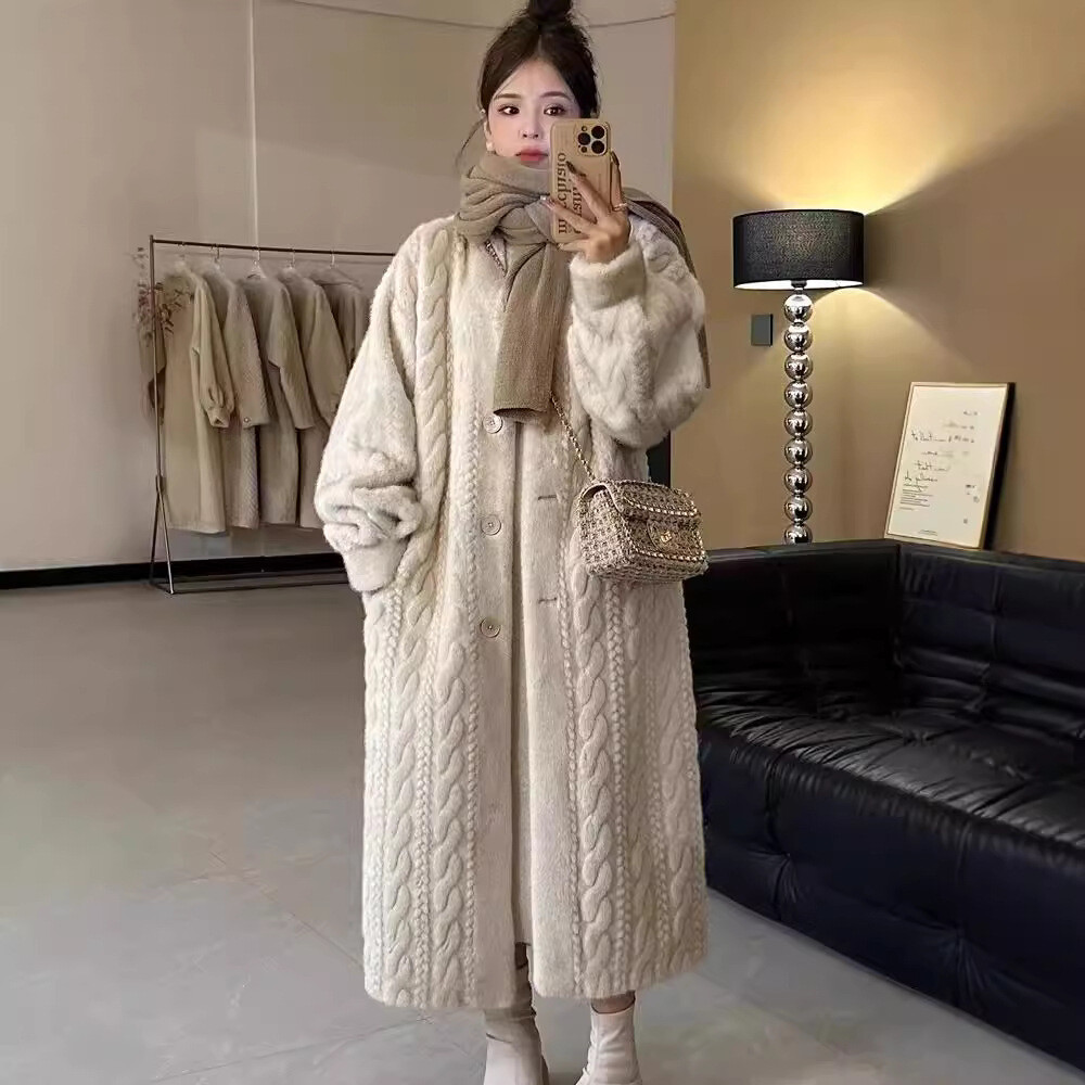 Winter Long Mink Fur Cardigan Coat Over Knee Cashmere Jacket