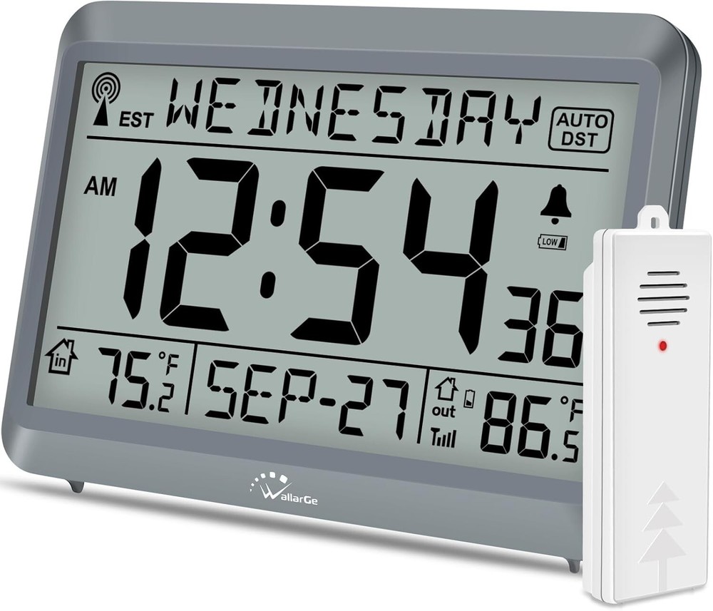WallarGe Atomic Digital Wall Clock with Indoor Outdoor Temperature Self-Setting