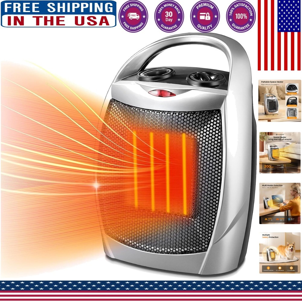 Portable Ceramic Space Heater with Adjustable Thermostat & Overheat Protection