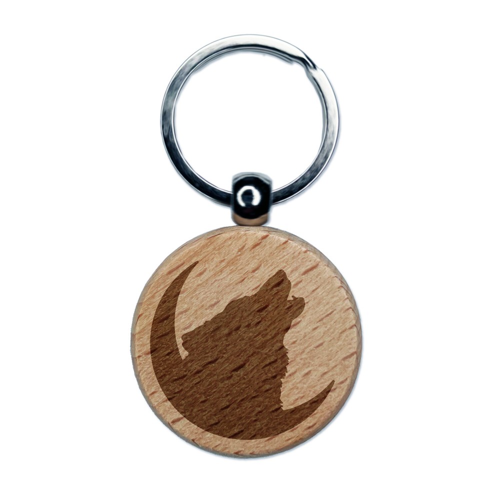 Wolf Howling at Crescent Moon Engraved Wooden Keychain Charm