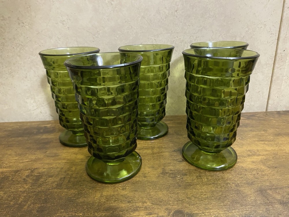 Vintage Indiana Glass Whitehall Green Tumblers Avocado Cubist Footed Glasses Mcm