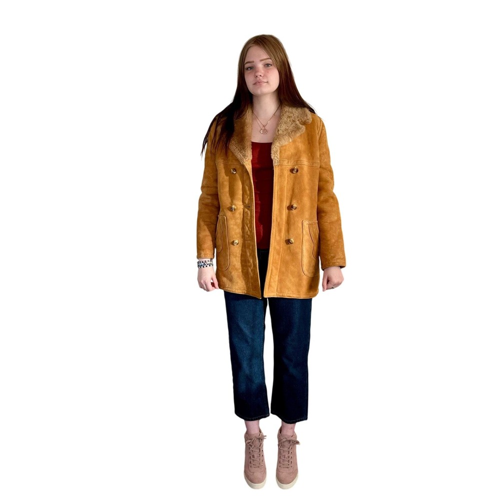 Vintage Tan Suede Shearling Double Breasted Winter Coat  