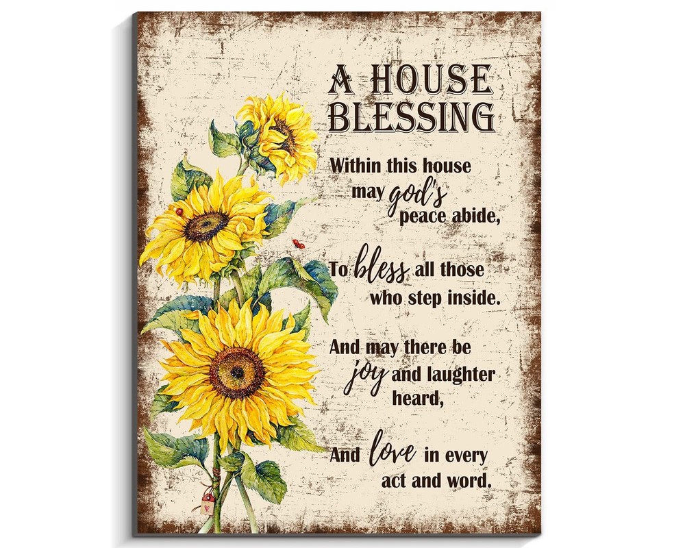- Wooden Wall Decor with Sunflower Prints, A House Blessing Religious Artwork...