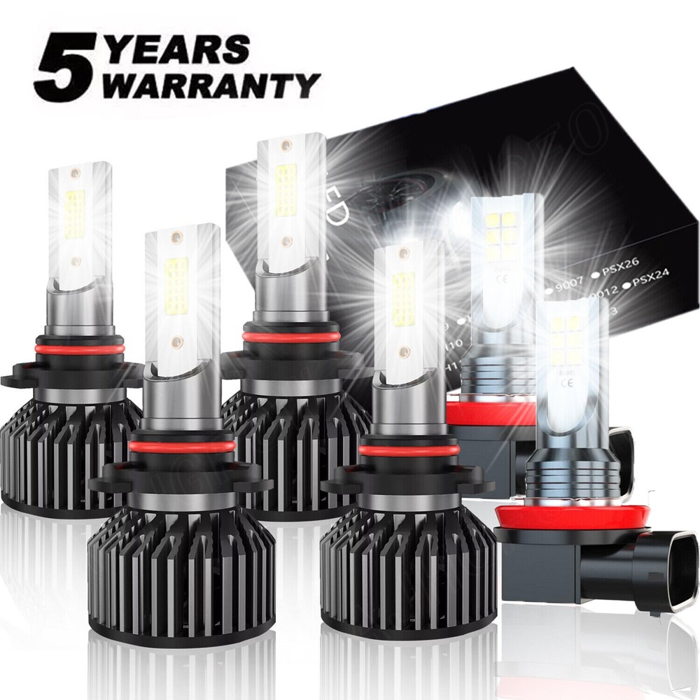 6Pcs LED Headlight Bulb Combo 9005 9006 H11 High Low Beam White Fog Lights