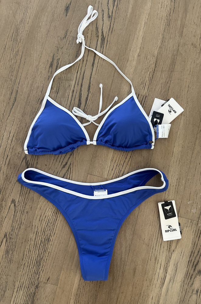 RIP CURL Blue Bikini Set Large Triangle Top & High Leg Skimpy Bottom Beach NWT