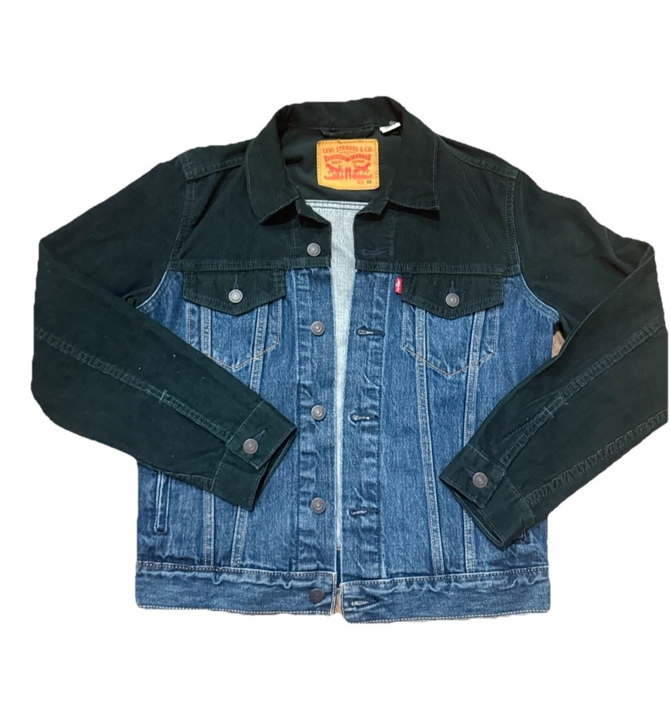 Levi’s Womens XS Two Tone Denim Trucker Jacket Green Corduroy Waterless