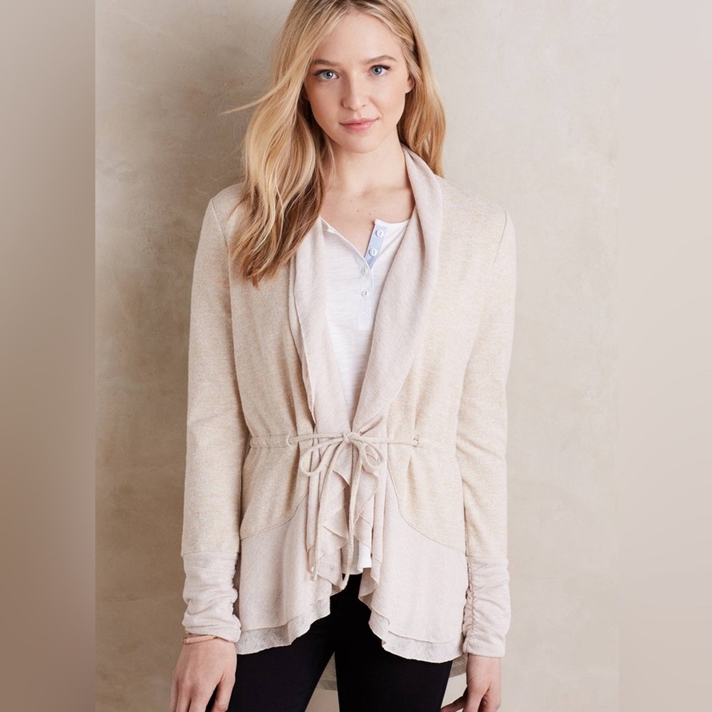 Anthropologie Saturday Sunday Oatmeal Matanie Tie Closure Ruffle Cardigan