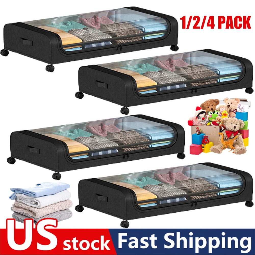 4Pcs Under Bed Storage Organizers for Shoes, Clothes – Large Rolling Bins