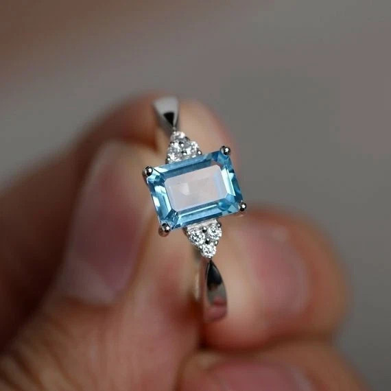 2.55 CT Aquamarine With Moissanite 10K White Gold Bridal Ring
