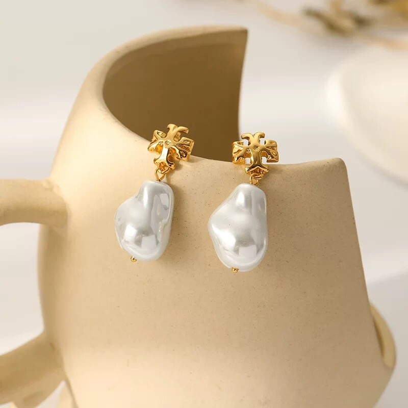 Tory Burch Gold Plated Baroque Pearl Drop Earrings with Double T Logo
