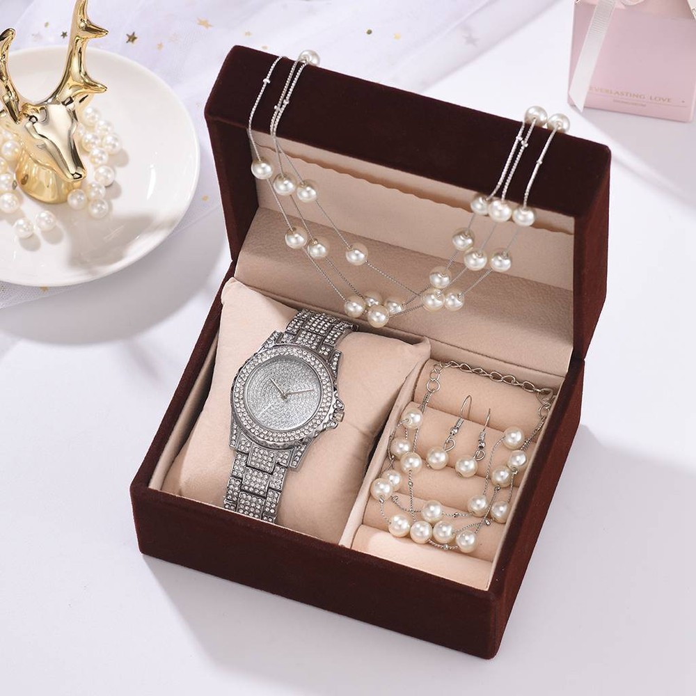 Glamorous Full Diamond Round Watch with Pearl Bracelet, Earrings & Necklace Set