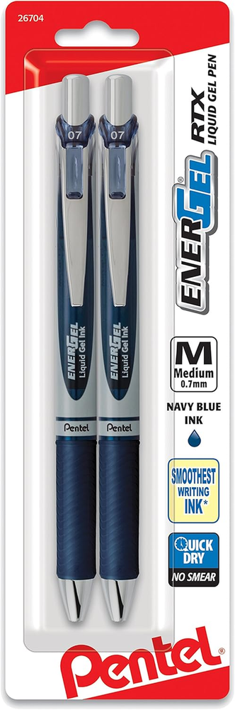 Energel RTX Retractable Liquid Gel Pen 0.7Mm Metal Tip Medium Line Navy Blue Ink