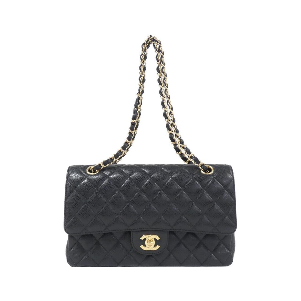Authentic CHANEL 1112 Black Shoulder Bag with Gold Chain Strap