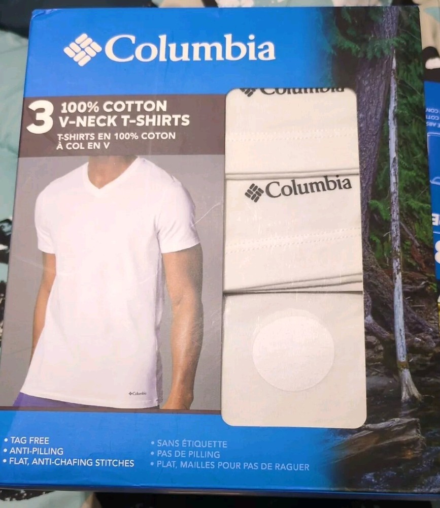 Columbia Men's 3 Pack White T Shirt  V Neck S. Sleeve 100% Cotton Sz Small  Logo