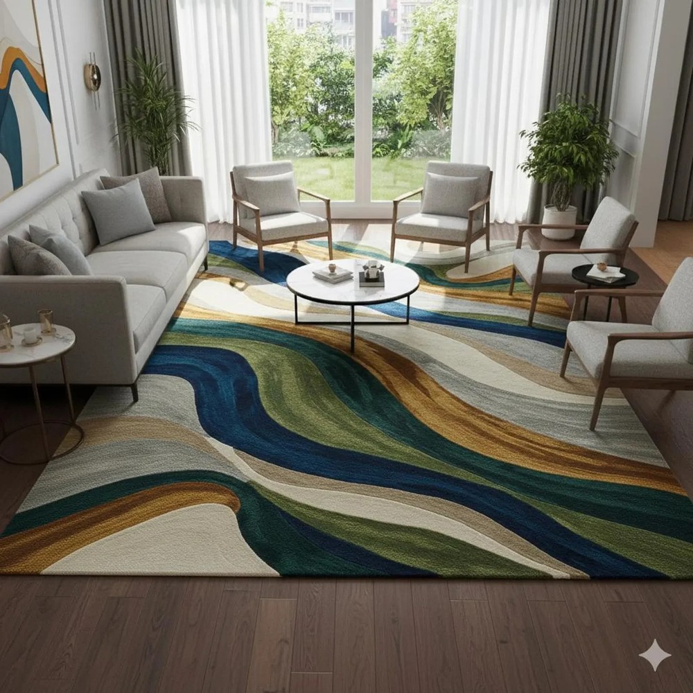 Modern Abstract Wave Area Rug | Blue Green Beige Contemporary Carpe