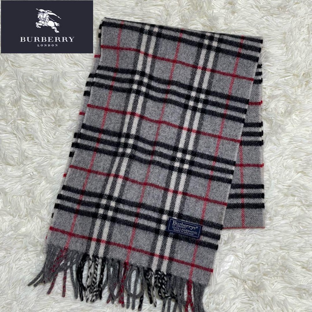 Burberry Nova Check Lambswool Long Muffler Gray Made In Uk Women Scarf Accessory