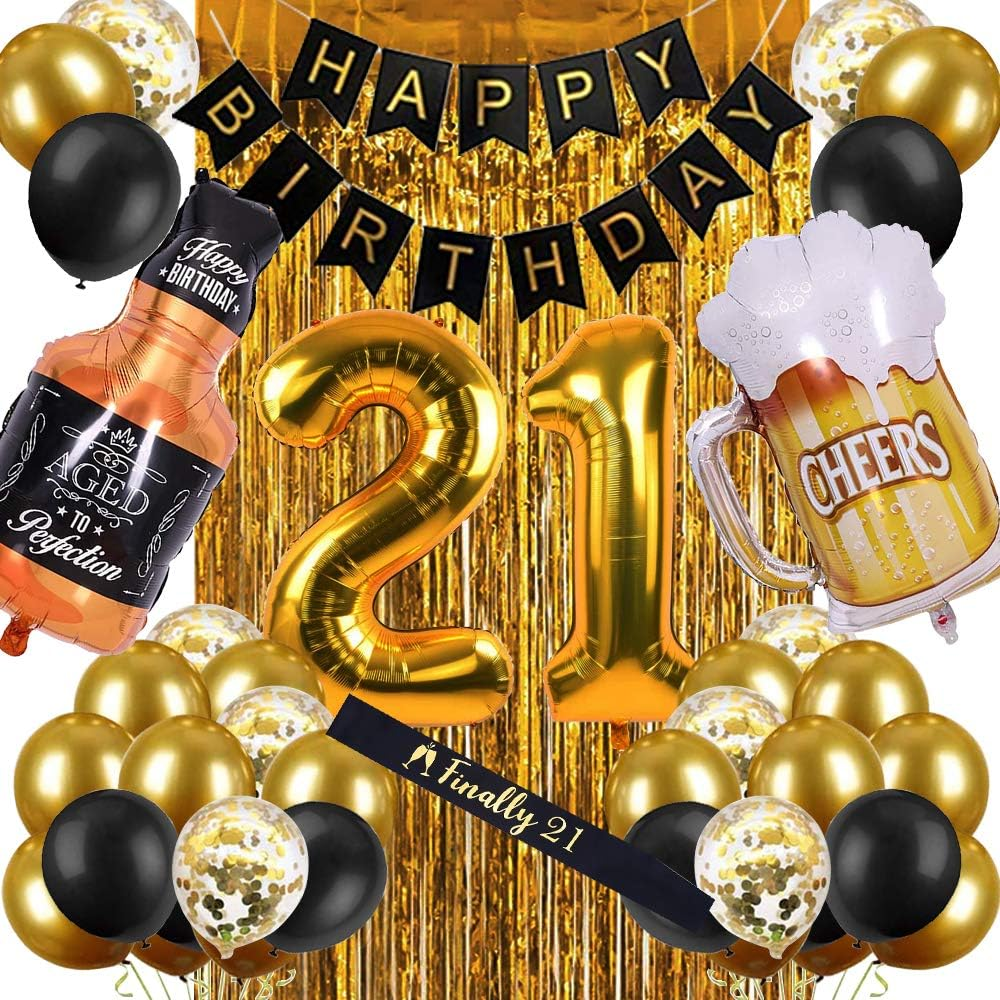 21St Birthday Decorations for Him Men, Happy 21 Bday Decor Black and Gold for He
