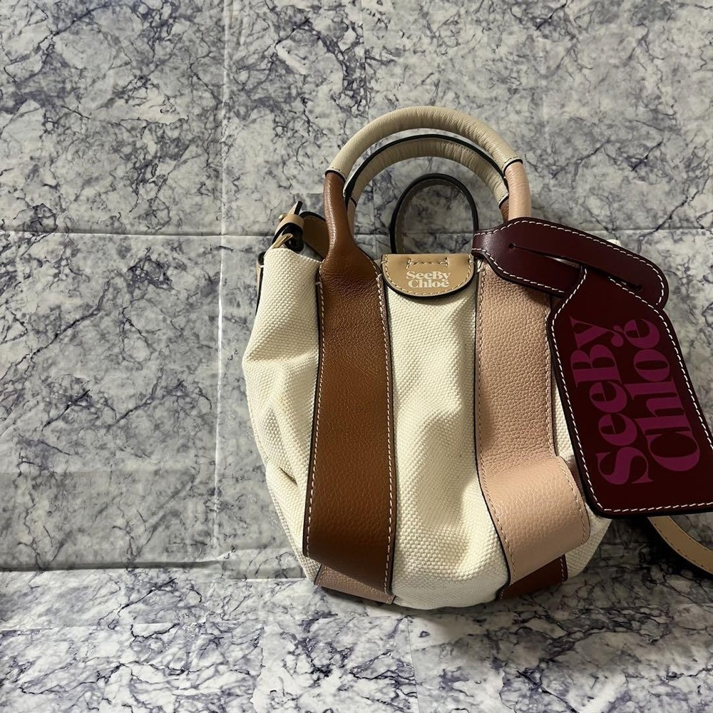 See By Chloe Caramelo Mini Tote Bag in Colorful Leather Canvas Brown Pink