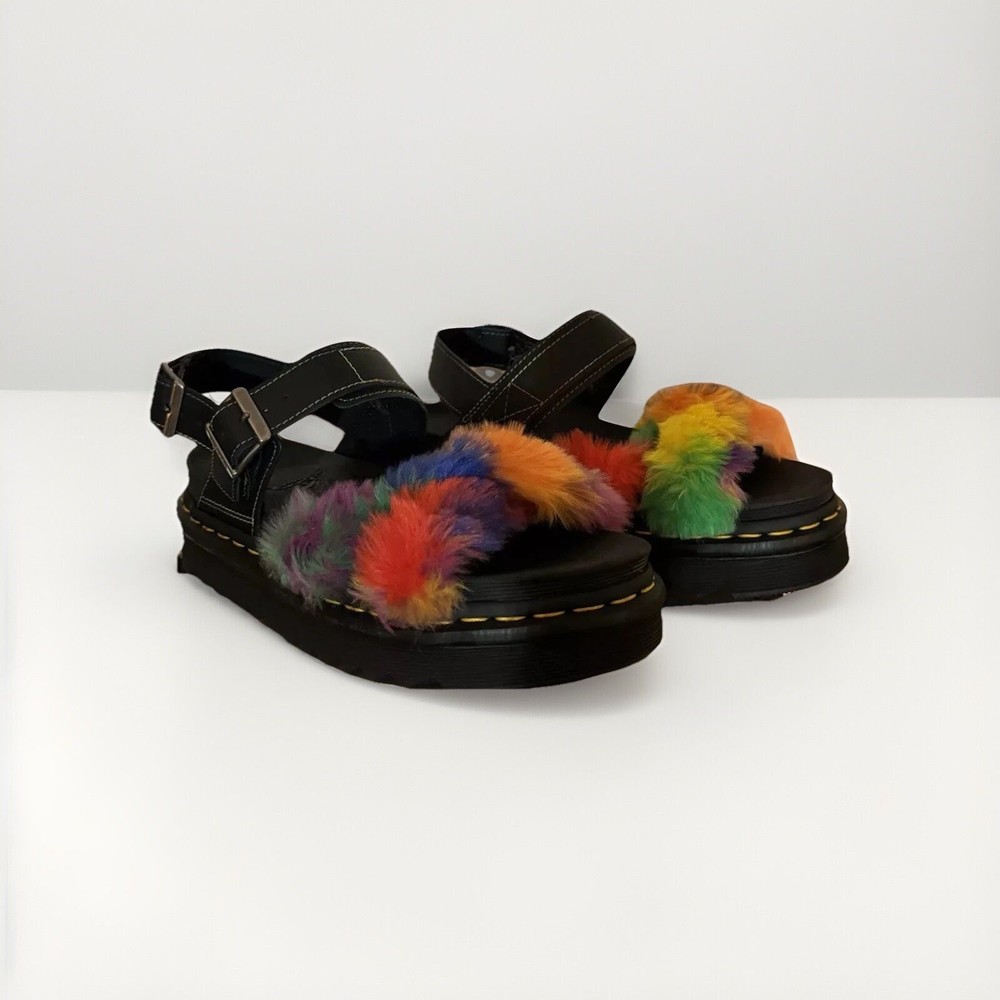 NIB Doc Martens VOSS II FLUFFY Faux Fur Leather Rainbow Pride Sandals Size 8