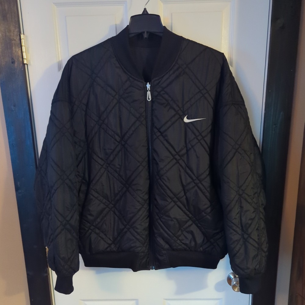 Vintage Nike Black Reversible Quilted Bomber Puffer Jacket for Men XXL 2XL